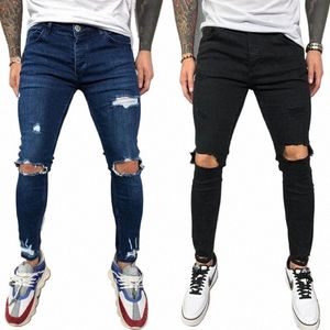 men Jeans Knee Hole Ripped Stretch Skinny Denim Pants Solid Color Black Blue Autumn Summer Hip-Hop Style Slim Fit Trousers S-4XL f5Fz#