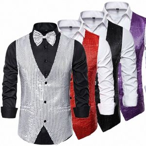 Novo design masculino lantejoulas padrão glitter embelezado com decote em v blazer colete masculino ternos de festa à noite plus size quente f8tu #