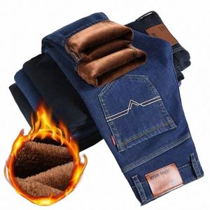 Calças de inverno em linha reta escovado denim tecido trabalho wear oversize baggy coreano fi homens quente veet estiramento de lã de pelúcia calças h7PB #