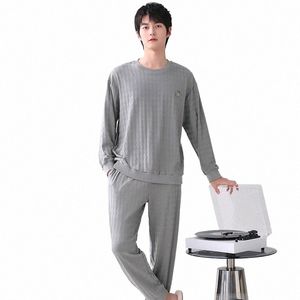 autumn Men Pyjamas Set Cott Pajamas Suit Lg Sleeve Jacquard Weave Pijamas Hombre Spring O-Neck Sleepwear Male Home Wear f508#