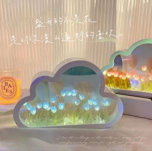 Espelhos DIY Nuvem Tulipa LED Night Light Menina Ornamentos Criativos Photo Frame Espelho Candeeiros de Mesa Cabeceira Handmade Dia dos Namorados