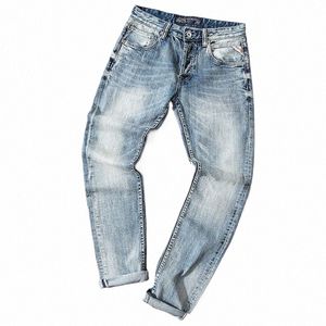 Estilo italiano Fi Homens Jeans Retro Luz Azul Slim Fit Jeans Rasgado Homens Calças Vintage Casual Designer Calças Jeans Hombre q3Nv #