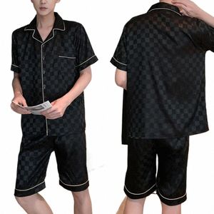 Djup Crotch 2 st/set Trendy Two Piece Set Men Summer Nighty Suit Thin Summer Pyjamas Set Single-Breasted Men kläder U2O4#