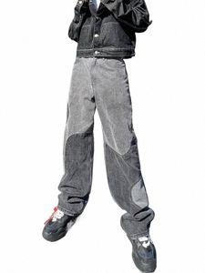 Baggy jeans y2k hombre ny design grå skarvade denim byxor lösa jean byxor vaqueros fi lapptäcke raka jeans för män w6g2#