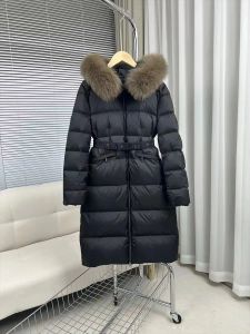 Long Down Jacket Luxury Coat 2024 겨울 여성 분리 가능한 여우 모피 칼라 허리 얇은 패션 따뜻한 여성용 다운 자켓