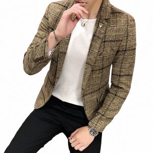 봄과 가을 새로운 부티크 일본 스타일 프린트 스탠드 칼라 남성 캐주얼 재킷 슬림 남성 코트 남성 격자 무늬 정장 재킷 블레이저 i8ln#