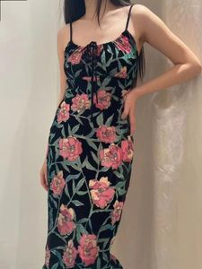 Casual Dresses Women Flower Print ärmlös mellanlängd klänning 2024 Spring High midja tillbaka ihålig snörning elegant kvinnlig vintage mantel