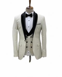 Maßgeschneiderte Herren-Formelle Anzüge-Sets, Elfenbein, einzigartiges Design, Schal-Revers, Blazer, Hosen, Hochzeitskleidung, 3-teilig, Jacke, Hose, Weste, Outfit f9tN #