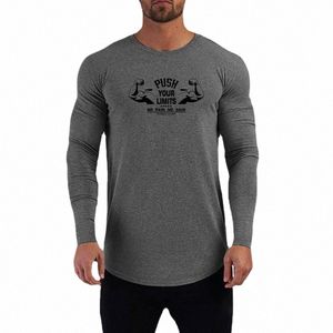 Cott Lg Sleeve T-shirt av hög kvalitet Fitn Fitn Casual Men Slim Fit Shirt Gym Bodybuilding Muscle Workout Breattable O Neck Topps R0iu#