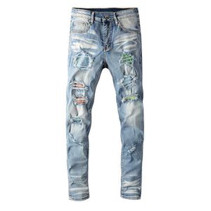 Trendamiri 656 Trendiga märke Färgglada elastiska heta borrade trasiga jeans High Street Slim Beggar