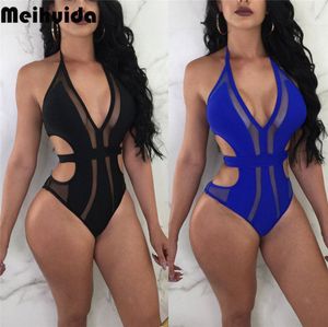 Sexy maiô de uma peça feminina 2019 verão beachwear rendas um ombro maiôs bodysuit preto azul praia swimsuits1606178