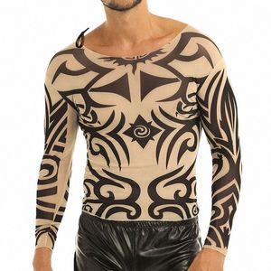 T-shirt da tatuaggio da uomo O-Collo See Through Lg Sleeve Tatuaggi finti Stampati Design Elastico Top sexy Maschile Fancy Party Costume t1nm #