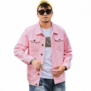 plus Size Men's Denim Jacket Pink Loose Fi Casual Jean Coat Male Oversized Simple Solid Color Outerwear 6XL 7XL 8XL e4Br#