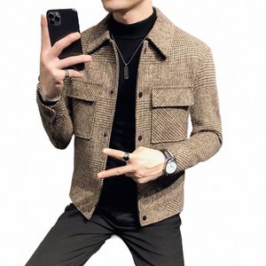 2023 outono/inverno masculino polo pescoço jaqueta de lã fi fino ajuste terno casaco de alta qualidade xadrez multi bolso coreano jaqueta casual 300b #