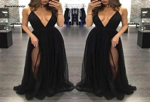Ny High Side Split Tulle prom klänningar svart sexig djup v hals långa kvinnliga kjolar formella fest aftonklänningar vestidos de baile5754548