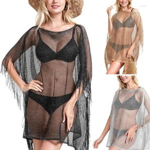 Women Summer Batwing Sleeve Swimsuit Cover Up Shiny Metallic Tassel Beach Dress Sexy Hollow Out Mesh Net Tops