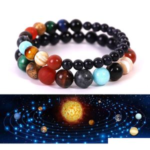 Frisado azul arenito grânulos correntes pulseiras para mulheres homens oito grandes planetas via láctea cura cristais pedra moda jóias gota dhzdp