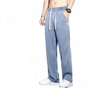 Vår sommartunna mäns jeans baggy rak fi stretch denim byxor lyocell bekväma mjuka avslappnade byxor 494w#