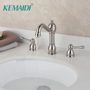 Banyo Lavabo muslukları Kemaidi Çift Kulplar Küvet Mikser Musluk Musluk Döner Sprey Nikel Fırçası Yıkama Havzası Katı Pirinç Gemisi 3