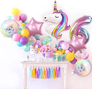 6pcs/set Balony jednorożca Dekoracje urodzinowe Dekoracje urodzinowe dla dziewcząt Folia balony Zestaw Macaron i Rainbow Balon Wedding Baby Shower Party