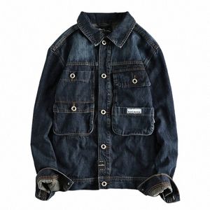 Tung retro Jean Jacket Mäns nya tre-dimensiella Gnt Pocket Youth Cardigan Jacket 62AV#