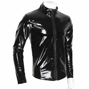 Herren Jacke Dessous Wetlook Shiny Leder Bodysuit Overall Tops Unterwäsche Nachtclub Zip Up Bühne Kleidung 09WB #
