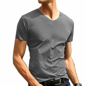 Sıradan Erkekler Kısa Kollu Buz İpek Pamuk Pamuk Trackl V-Gutt T-Shirt İnce Fit Temel Homewear T Shirt Tee Tips Erkek Giyim 61ZJ#