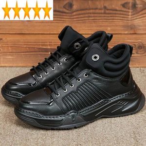 Casual Shoes Real Leather High-Top Men Brand Platform Height Increasing Ankle Boots Street Lace Up Hip Hop Black