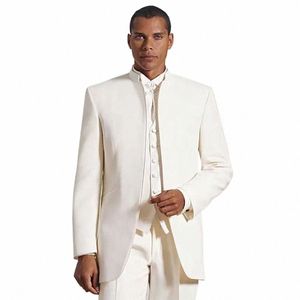 nuovi abiti per uomo tinta unita colletto alla coreana bianco giacca maschile Fi casual sposo matrimonio abito elegante slim fit 3 pezzi D72i #