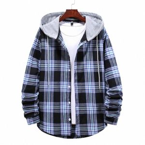 プラスサイズのシャツのコートメンドローストリングフード付き春秋ジャケット格子縞のプリントパッチワークカラールーズメンジャケットストリートウェアi05n＃