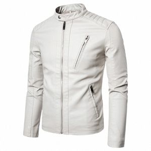 Giacca in pelle moto da uomo casual Fi Solid Stand Collare Outwear Trend Bianco Nero Cappotto antivento Giacche streetwear 10s8 #