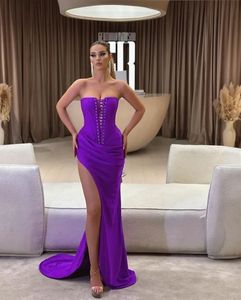Purple Front gorset Sukienki z balusetem Sukienki balowe bez ramiączek Straż na imprezę Long Tail Gown Ruched Satin Womens Specjalna sukienka OCN 326 327