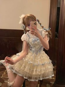 Sweet Ballet Style Lolita Dress Womens Bubble Sleeves Wrapped Waist Princess Fluffy Cake Short Skirt