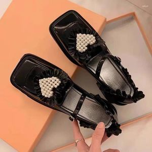 Dress Shoes White Heart Pearl Mary Janes Square Toe Female Pumps Buckle Strap Women Fashion Cover Heel Zapatos Mujer