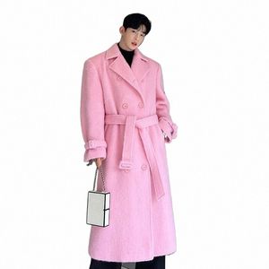 IEFB Koreańscy mężczyźni wełniany płaszcz Casual Lapel podwójnie piersi LG Rów stały kolor męski Pasek płaszczy 2023 Autumn Trend 9C2884 T7YZ#