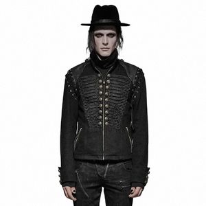 punk RAVE Steampunk Military Uniform Men Short Coat Black Red Denim Fabric Removable Sleeves Jacket Retro Rock Clothing L4Ch#