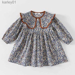 Girl's Dresses 2023 New Autumn Spring New Girls Dress Fashion Cute Doll Neck Flower Print Dress Childrens Girls Long Sleeve Princess Dress yq240327