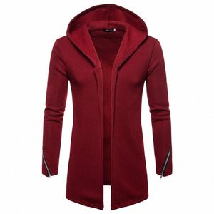 autumn Winter Men's Hooded Solid Cardigan Trench Coat Casual Fi Jacket Zipper Lg Sleeve Blouse Men's Clothes 66gm#