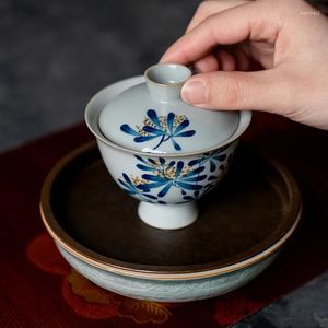 Set di stoviglie per il tè Ciotola con coperchio in ceramica di osmanto dipinta a mano pura Tazza da tè Singola tazza cinese con piede alto Non è un infusore per il tè