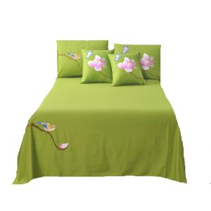 Conjunto de lençol de cama duplo bordado em sarja de algodão puro conjunto de roupa de cama estilo chinês colchas na capa de cama verde 3 peças