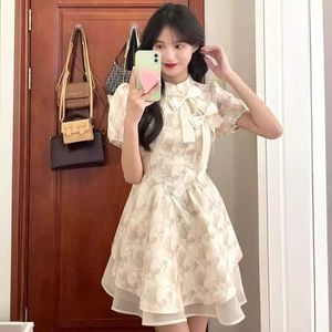 New Chinese Style Waistband Slimming Fluffy Skirt Summer Design Bubble Sleeve Floral Dress for Women