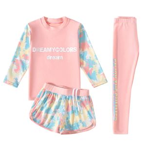 Kids Girls 3Pcs Colorful Print Swimsuit Sun Protection Rash Guard Long Sleeve Swim Top Shorts And Pants Swimwear Bathing Suit 240326