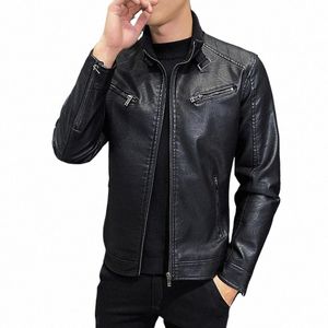 Novo Zipper Stand Windproof Leather Coat Mens Motorcycle Leather Jacket Slim Fit Short-Coat Lapel PU Jaquetas Outono Mens Roupas G4Ph #