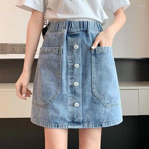 Kjolar 2024 koreansk sommar elastisk hög midja smal denim kort kjol kvinnor kläder preppy stor storlek lindad a-line mini