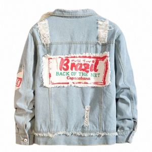 män denim lapptäcke frayed jacka koreansk lös ung trendig vår autum män tyg patch casual jean coat 95bj#