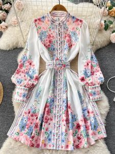 Spring Autumn Colorful Flower Dress Womens Stand Collar Single Breasted Long Lantern Sleeve Sweet Print Belt Fairy Vestido 240327