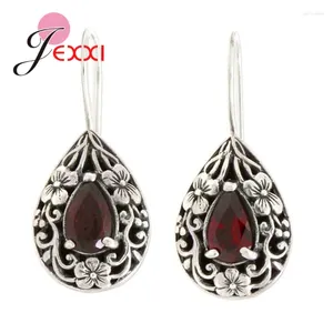 Baumelnde Ohrringe Vintage Thai Silber Tropfen für Frauen Brillant Rot Wasser Zirkon Hohl Geschnitzte Blume Retro Schmuck