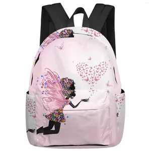 Рюкзак розового цвета, женское платье с цветочным узором, модное женское платье с бабочкой и девушкой, дорожные сумки для книг, рюкзаки для ноутбука, рюкзак, школьный ранец