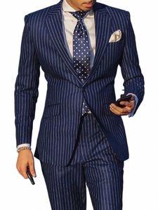 blu / nero a righe uomo abiti da sposa sposo indossare notch risvolto sposo smoking busin vestito da partito 2 pezzi giacca + pantaloneCostume Homme K70Z #