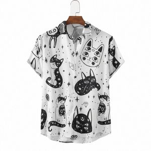 hawaiian Shirt For Mens 2021 New Fi Funny Abstract Cat Pattern Print Short Sleeve Light Shirts Plus Size 5XL 6XL V8zb#